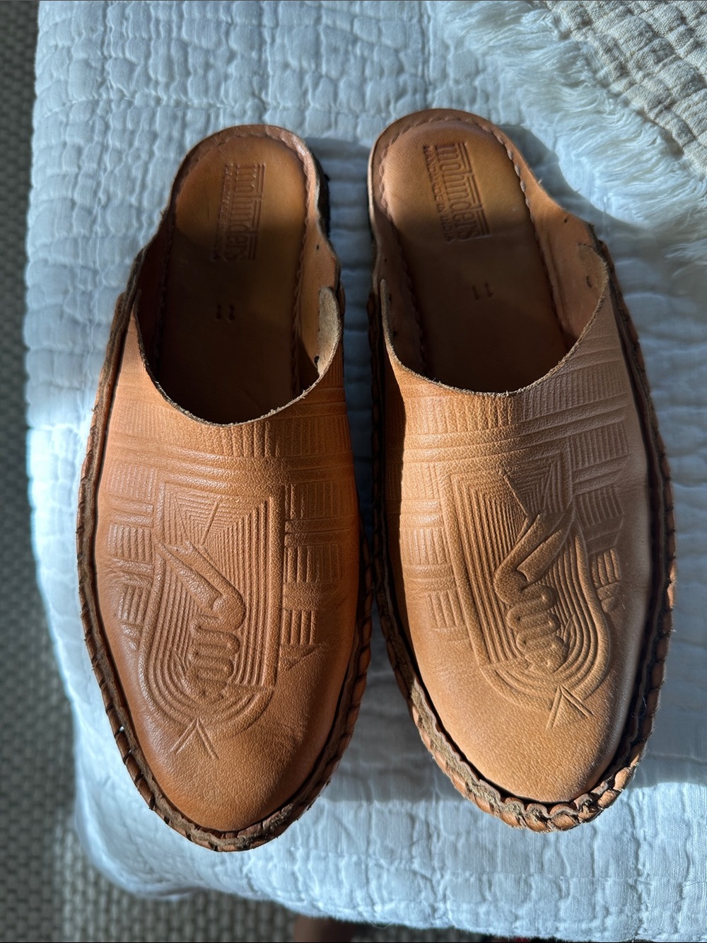 Hand-Tooled Leather Espadrille Mules in Tan
